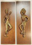 Vintage 1960s Girotti Sculptured Art Aztec Mayan Man Woman 3D Chalkware Wood Wall Plaques Set of 2