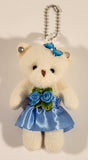 White Teddy Bear in Blue Dress with Blue Flowers 4" Stuffed Plush Toy with Key Chain