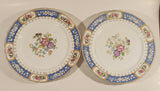 Antique c. 1947 H M Sutherland Bone China Evesham Purple and Pink Flowers Blue and Gold Trimmed 10" Dinner Plate Set of 2