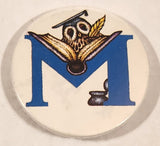 Blue M with Owl Wearing Graduation Cap Reading A Book Montessori School 1 1/2" Round Button Pin