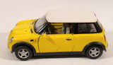 Kinsmart New Mini Cooper Yellow with White Roof Pull Back 1/28 Scale Die Cast Toy Car Vehicle with Opening Doors