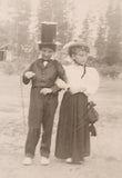 Antique Edwardian Boy in Stovepipe Top Hat with Cane Holding Arms with Girl In Bonnet Hat and Dress 4 1/4" x 6" Black and White Postcard