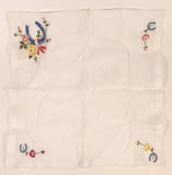 Vintage 1950s Blue Horse Shoes with Yellow and Pink Flowers White Thin Cloth Handkerchief