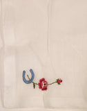 Vintage 1950s Blue Horse Shoes with Yellow and Pink Flowers White Thin Cloth Handkerchief