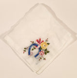 Vintage 1950s Blue Horse Shoes with Yellow and Pink Flowers White Thin Cloth Handkerchief