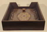 Vintage Ornate Design Dark Brown Wood Paper Memo Holder Tray With Weighted Leather Security Cover