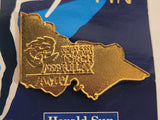 1998 SOCOG Herald Sun Sydney Australia 2000 Olympic Torch Relay AMP Victoria Shaped Gold Tone Metal Lapel Pin New on Card