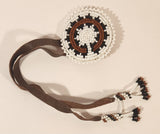 Vintage Native American Beaded Brown and White Leather String Ceremonial Hair Tie