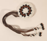 Vintage Native American Beaded Brown and White Leather String Ceremonial Hair Tie