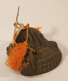 Vintage Japanese Cast Iron Bronze Look Samurai Helmet with Orange Tassels Paperweight