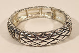 Alternating Ornate Pattern Silver Tone Metal Elastic Bracelet