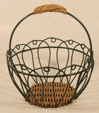 Green Metal Ornate 7 3/4" Basket with Wicker Handle and and Bottom