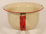 Antique Red Rimmed Cream 9 1/2" Porcelain Enamel Metal Pot with Handle