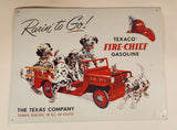 The Texas Company Texaco Dealers In All 48 States Rarin' to Go! Texaco Fire-Chief Gasoline F.D. No 1 Fire Truck with Dalmatian Puppy Dogs 12" x 15 3/4" Tin Metal Sign