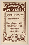 1991 Hockey Immortals C55 A Lancaster Reprint 1911-12 Imperial Tobacco Hockey Players No. 21 Bert Lindsay Renfrew Mini Sports Trading Card