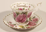 Vintage 1970s Royal Albert Flower of the Month Series November Chrysanthemum Pink Flowers Bone China Tea Cup & Saucer Set