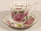 Vintage 1970s Royal Albert Flower of the Month Series November Chrysanthemum Pink Flowers Bone China Tea Cup & Saucer Set