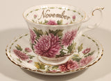 Vintage 1970s Royal Albert Flower of the Month Series November Chrysanthemum Pink Flowers Bone China Tea Cup & Saucer Set