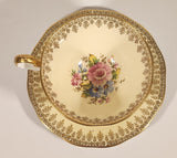 Vintage Queen Anne Fine Bone China England Pink and Blue Flowers Light Yellow Ornate Gold Trim Tea Cup & Saucer Set