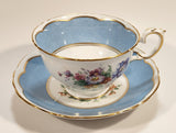 Vintage Crown Fine Bone China Staffordshire England Mixed Flower Pattern Blue and White Gold Trim Tea Cup Saucer