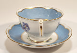 Vintage Crown Fine Bone China Staffordshire England Mixed Flower Pattern Blue and White Gold Trim Tea Cup Saucer