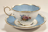 Vintage Crown Fine Bone China Staffordshire England Mixed Flower Pattern Blue and White Gold Trim Tea Cup Saucer