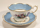 Vintage Crown Fine Bone China Staffordshire England Mixed Flower Pattern Blue and White Gold Trim Tea Cup Saucer