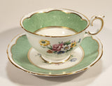 Vintage Crown Fine Bone China Staffordshire England Mixed Flower Pattern Green and White Gold Trim Tea Cup Saucer
