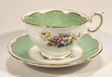 Vintage Crown Fine Bone China Staffordshire England Mixed Flower Pattern Green and White Gold Trim Tea Cup Saucer
