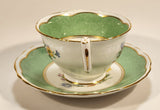 Vintage Crown Fine Bone China Staffordshire England Mixed Flower Pattern Green and White Gold Trim Tea Cup Saucer