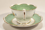 Vintage Crown Fine Bone China Staffordshire England Mixed Flower Pattern Green and White Gold Trim Tea Cup Saucer