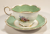 Vintage Crown Fine Bone China Staffordshire England Mixed Flower Pattern Green and White Gold Trim Tea Cup Saucer