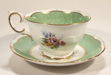 Vintage Crown Fine Bone China Staffordshire England Mixed Flower Pattern Green and White Gold Trim Tea Cup Saucer