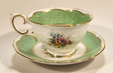 Vintage Crown Fine Bone China Staffordshire England Mixed Flower Pattern Green and White Gold Trim Tea Cup Saucer
