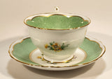 Vintage Crown Fine Bone China Staffordshire England Mixed Flower Pattern Green and White Gold Trim Tea Cup Saucer