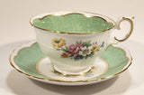 Vintage Crown Fine Bone China Staffordshire England Mixed Flower Pattern Green and White Gold Trim Tea Cup Saucer