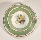 Vintage Crown Fine Bone China Staffordshire England Mixed Flower Pattern Green and White Gold Trim Tea Cup Saucer