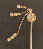 Antique Ornate Globe with Dangling Diamond Look Stones Silver Tone Stick Pin