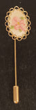 Vintage Needlepoint Style Pink Rose Flowers Gold Tone Ring Bordered Stick Pin