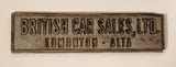 Rare Vintage British Car Sales, Ltd. Edmonton - Alberta Dealership Metal Emblem Nameplate Badge Logo