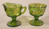Vintage Indiana Carnival Glass Grapes Iridescent Green Creamer and Sugar Bowl Set with Tray
