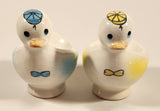 Vintage Yellow And Blue Duck with Bow Ties and Caps 3 1/4" Hand Painted Ceramic Egg Cup Holders Set of 2