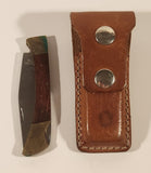 Brass and Wood Handled Folding Stainless Steel Pocket Knife with Brown Leather Sheath Holder Belt Clip