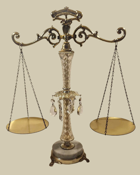 Vintage Crystal Glass Italian Marble Brass 18 1/4" Tall Scales of Justice Balance Scale