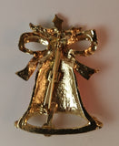 1970s Christmas Bell Ribbon & Holly Brooch Red Gold Green - Treasure Valley Antiques & Collectibles