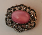 Vintage 1960s Pink Cabochon Brooch Pin Metal - Treasure Valley Antiques & Collectibles