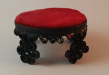 Vintage 1960s Miniature Doll House Rolled Tin Can Red Velvet Upholstered Footstool - Treasure Valley Antiques & Collectibles