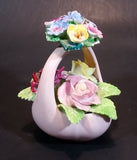 1950s Staffordshire FLORAL Bone China Mixed Flower Bouquet in Pink Basket - Treasure Valley Antiques & Collectibles