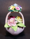 1950s Staffordshire FLORAL Bone China Mixed Flower Bouquet in Pink Basket - Treasure Valley Antiques & Collectibles