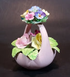 1950s Staffordshire FLORAL Bone China Mixed Flower Bouquet in Pink Basket - Treasure Valley Antiques & Collectibles